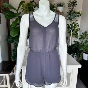 Divided H&M Sz 4 Grey, blue mesh playsuit with lace,V neckline and button front.